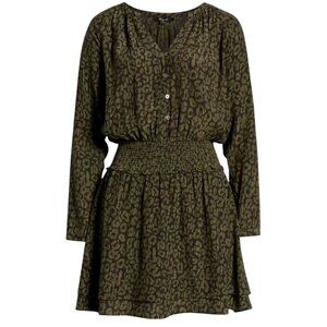 Rails Jasmine Olive Batik Cheetah Print Smocked Waist Mini Dress size small